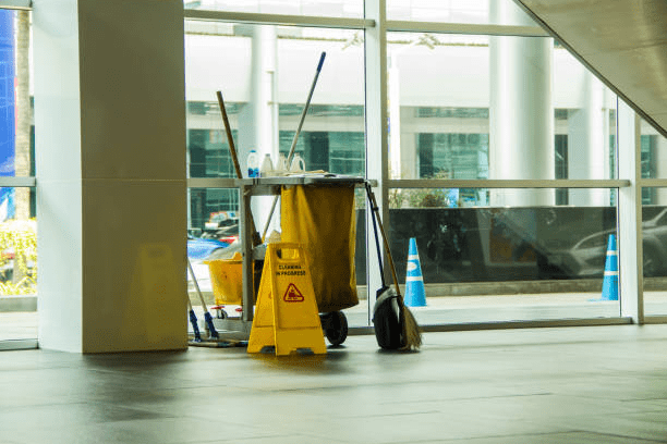 cleaning bing and supplies to clean the office